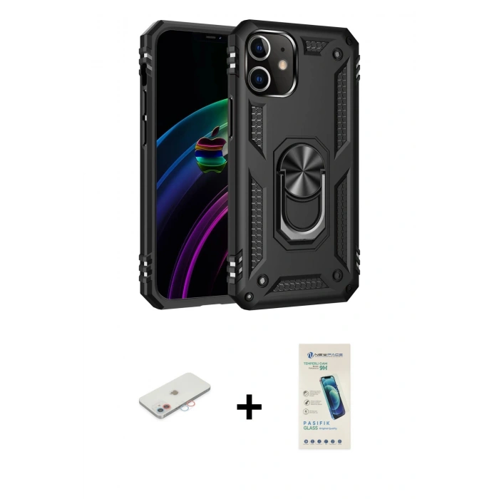 MARSİLYAN™- iPhone 12 Kılıf Ahenk Klasik Koleksiyonu - Şeffaf Pasifik Cam Ekran Koruyucu + Renkli Kamera Lens Koruma Cam - PE