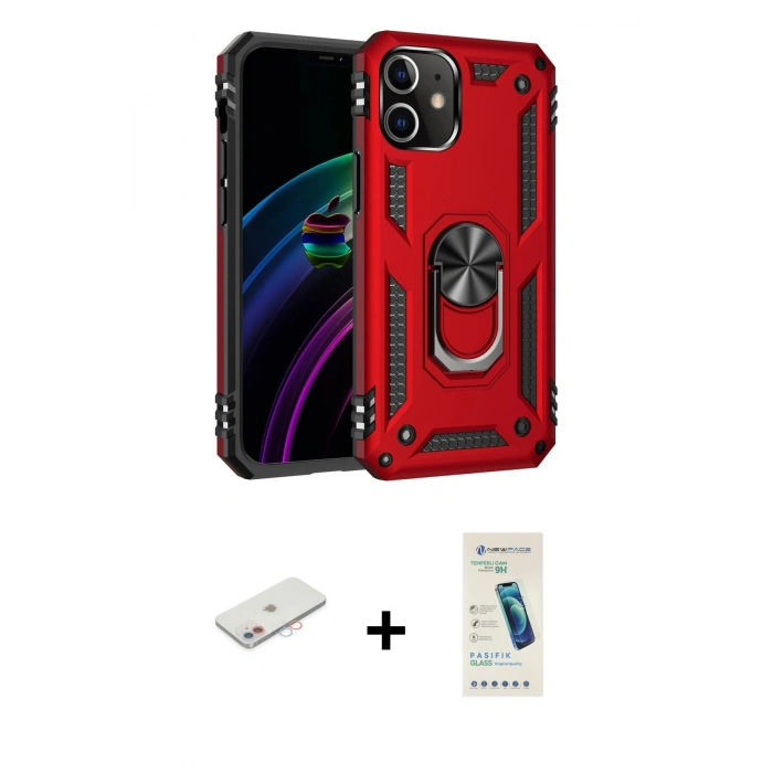 MARSİLYAN™- iPhone 12 Kılıf Ahenk Klasik Koleksiyonu - Şeffaf Pasifik Cam Ekran Koruyucu + Renkli Kamera Lens Koruma Cam - PE