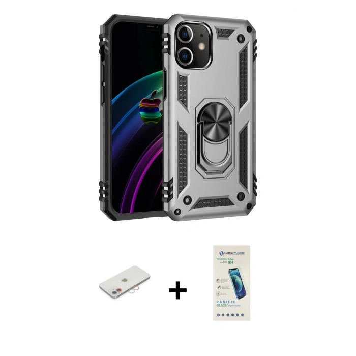 MARSİLYAN™- iPhone 12 Kılıf Ahenk Klasik Koleksiyonu - Şeffaf Pasifik Cam Ekran Koruyucu + Renkli Kamera Lens Koruma Cam - PE