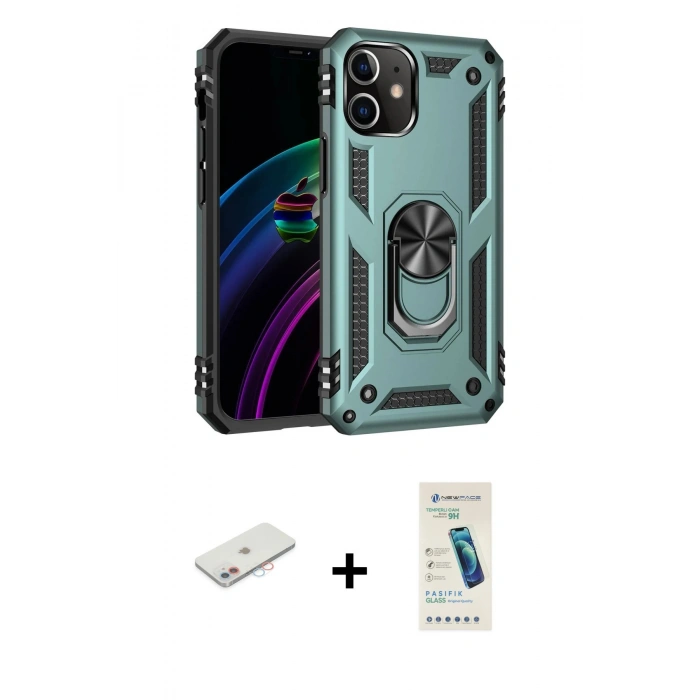 MARSİLYAN™- iPhone 12 Kılıf Ahenk Klasik Koleksiyonu - Şeffaf Pasifik Cam Ekran Koruyucu + Renkli Kamera Lens Koruma Cam - PE