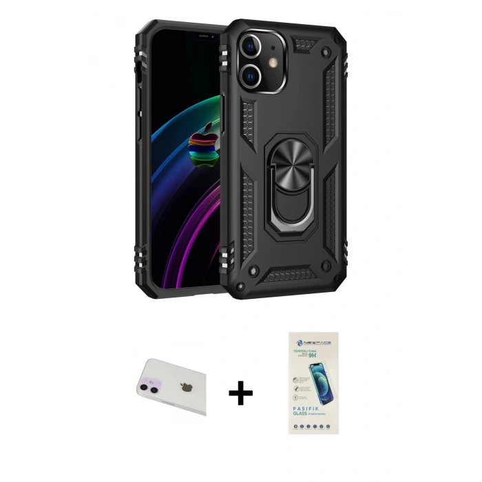 MARSİLYAN™- iPhone 12 Kılıf Ahenk Klasik Koleksiyonu - Şeffaf Pasifik Cam Ekran Koruyucu + Rainbow Kamera Lens Koruma Cam - MR