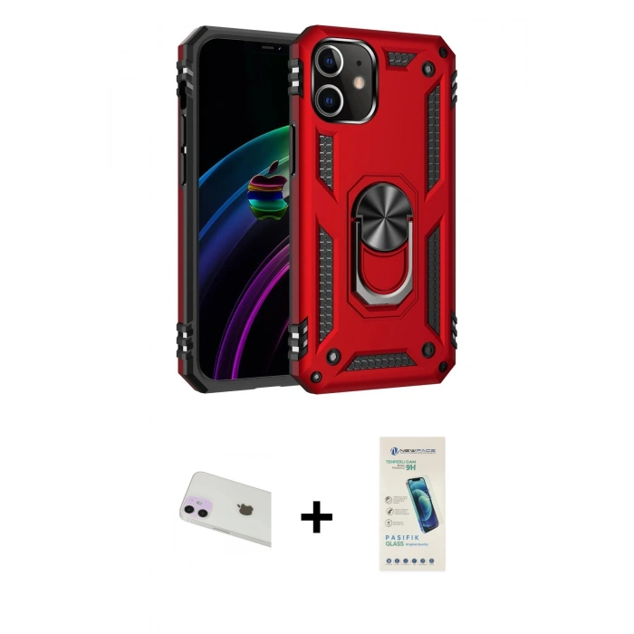 MARSİLYAN™- iPhone 12 Kılıf Ahenk Klasik Koleksiyonu - Şeffaf Pasifik Cam Ekran Koruyucu + Rainbow Kamera Lens Koruma Cam - MR