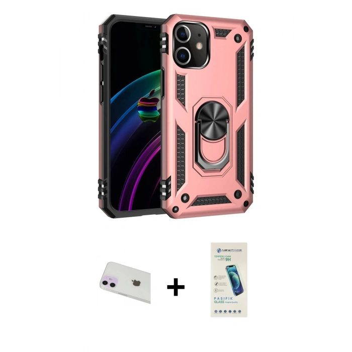 MARSİLYAN™- iPhone 12 Kılıf Ahenk Klasik Koleksiyonu - Şeffaf Pasifik Cam Ekran Koruyucu + Rainbow Kamera Lens Koruma Cam - MR