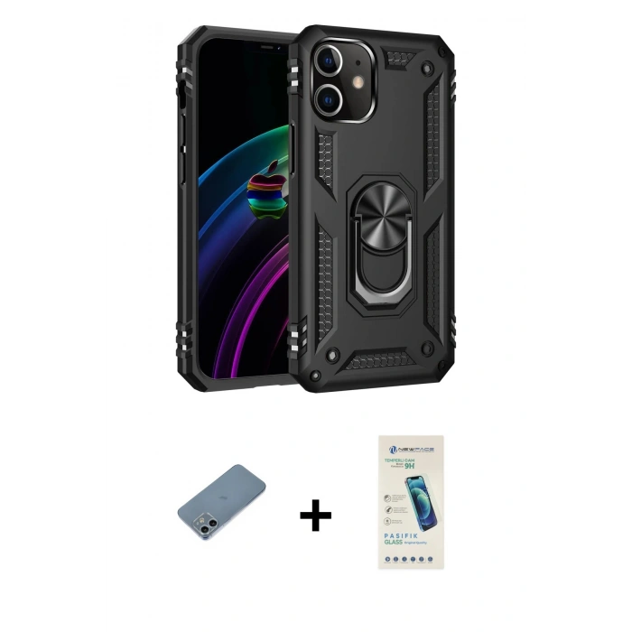 MARSİLYAN™- iPhone 12 Kılıf Ahenk Klasik Koleksiyonu - Şeffaf Pasifik Cam Ekran Koruyucu + Sierra Blue Shine Kamera Lens Koruma Cam