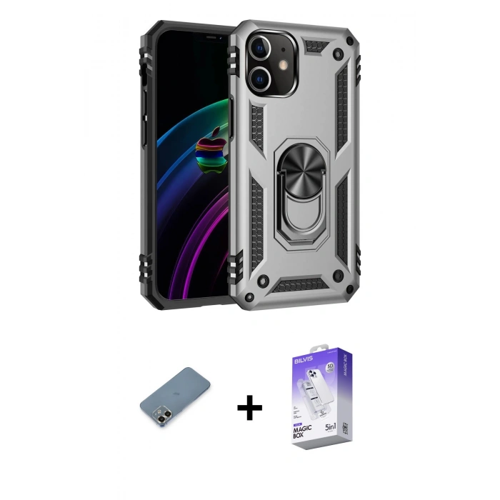 MARSİLYAN™- iPhone 12 Kılıf Ahenk Klasik Koleksiyonu - Siyah Bilvis 5in1 3D Magic Cam Ekran Koruyucu + Gold Metal Kamera Lens Koruma Cam
