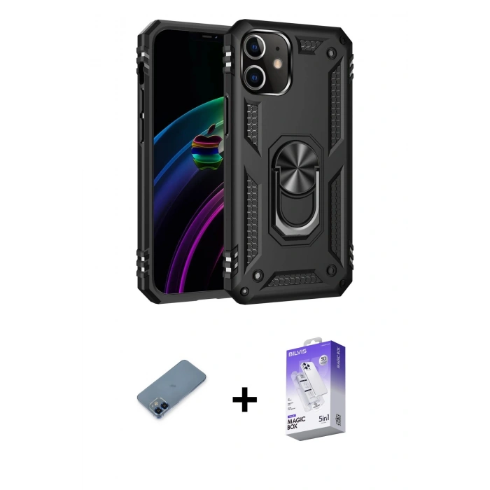 MARSİLYAN™- iPhone 12 Kılıf Ahenk Klasik Koleksiyonu - Siyah Bilvis 5in1 3D Magic Cam Ekran Koruyucu + Metal Kamera Lens Koruma Cam - MI
