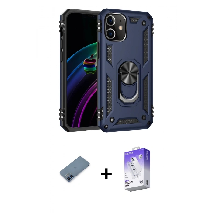 MARSİLYAN™- iPhone 12 Kılıf Ahenk Klasik Koleksiyonu - Siyah Bilvis 5in1 3D Magic Cam Ekran Koruyucu + Metal Kamera Lens Koruma Cam - MI