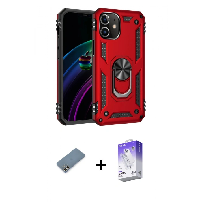 MARSİLYAN™- iPhone 12 Kılıf Ahenk Klasik Koleksiyonu - Siyah Bilvis 5in1 3D Magic Cam Ekran Koruyucu + Metal Kamera Lens Koruma Cam - GD