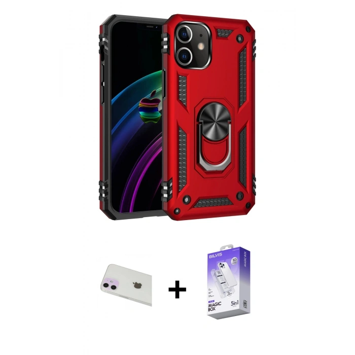 MARSİLYAN™- iPhone 12 Kılıf Ahenk Klasik Koleksiyonu - Siyah Bilvis 5in1 3D Magic Cam Ekran Koruyucu + Rainbow Kamera Lens Koruma Cam - MR