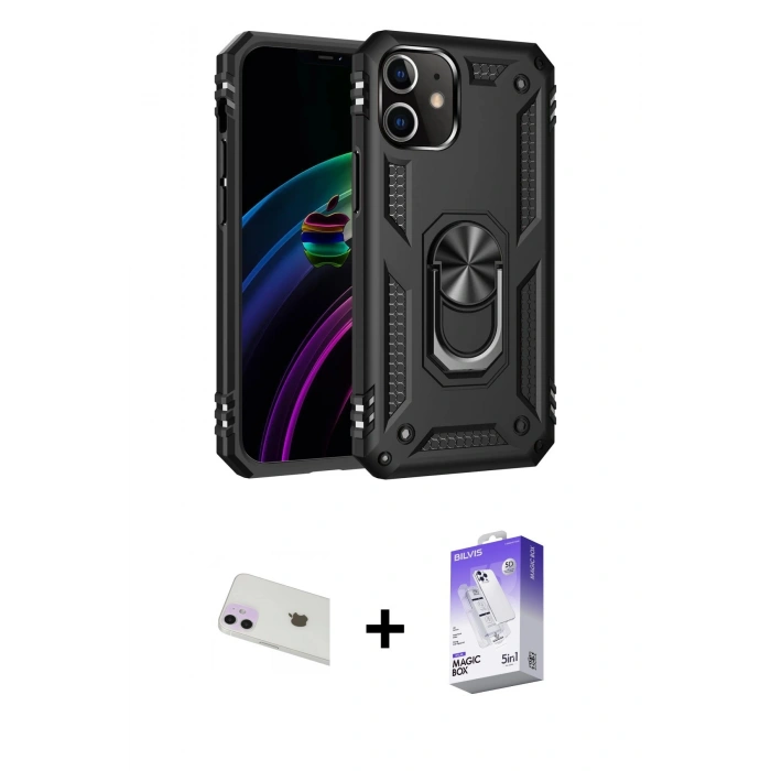 MARSİLYAN™- iPhone 12 Kılıf Ahenk Klasik Koleksiyonu - Siyah Bilvis 5in1 3D Magic Cam Ekran Koruyucu + Rainbow Kamera Lens Koruma Cam - MR