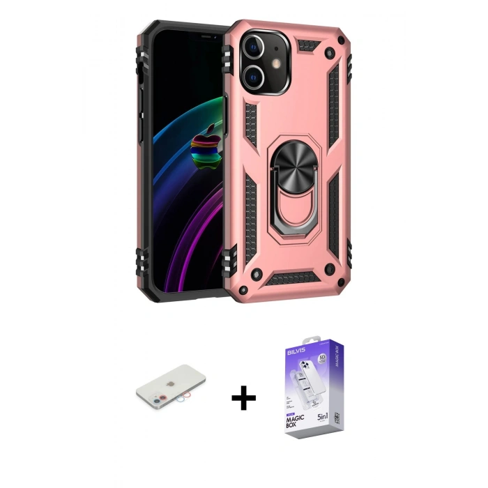 MARSİLYAN™- iPhone 12 Kılıf Ahenk Klasik Koleksiyonu - Siyah Bilvis 5in1 3D Magic Cam Ekran Koruyucu + Renkli Kamera Lens Koruma Cam - PE