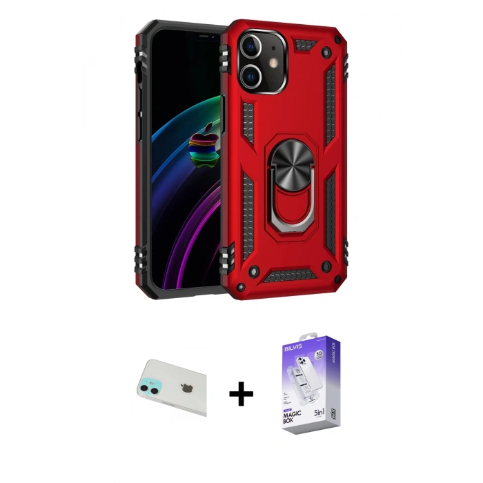 MARSİLYAN™- iPhone 12 Kılıf Ahenk Klasik Koleksiyonu - Siyah Bilvis 5in1 3D Magic Cam Ekran Koruyucu + Rainbow Kamera Lens Koruma Cam - YL