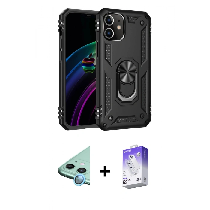 MARSİLYAN™- iPhone 12 Kılıf Ahenk Klasik Koleksiyonu - Siyah Bilvis 5in1 3D Magic Cam Ekran Koruyucu + Raze Metal Kamera Lens - MI