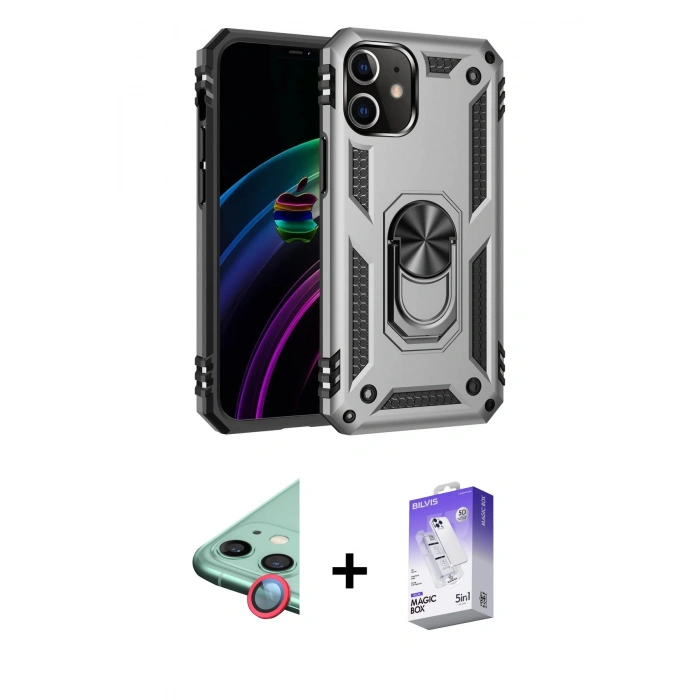 MARSİLYAN™- iPhone 12 Kılıf Ahenk Klasik Koleksiyonu - Siyah Bilvis 5in1 3D Magic Cam Ekran Koruyucu + Raze Metal Kamera Lens - KI