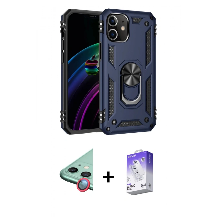 MARSİLYAN™- iPhone 12 Kılıf Ahenk Klasik Koleksiyonu - Siyah Bilvis 5in1 3D Magic Cam Ekran Koruyucu + Raze Metal Kamera Lens - KI