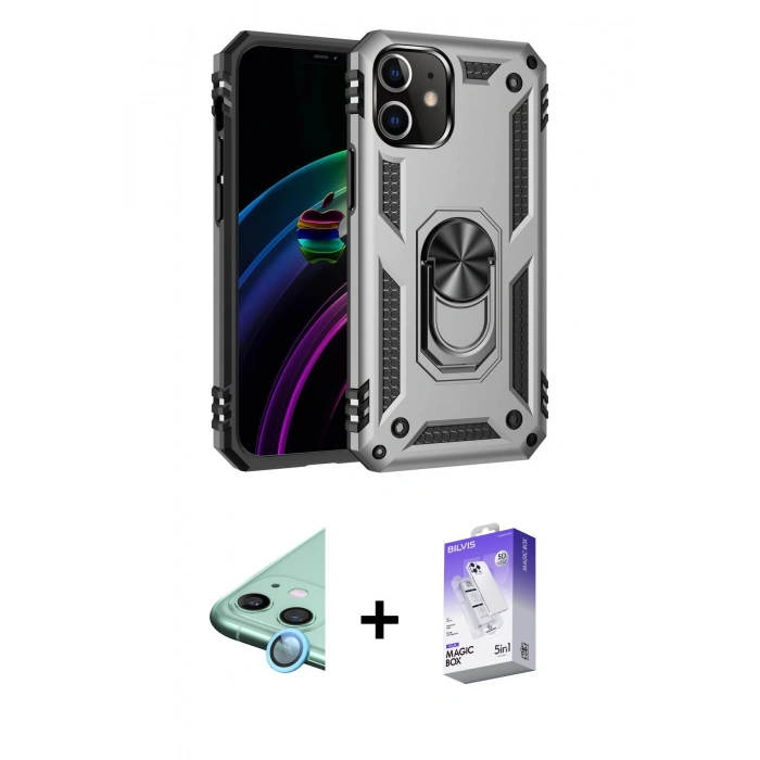 MARSİLYAN™- iPhone 12 Kılıf Ahenk Klasik Koleksiyonu - Siyah Bilvis 5in1 3D Magic Cam Ekran Koruyucu + Raze Metal Kamera Lens - MI