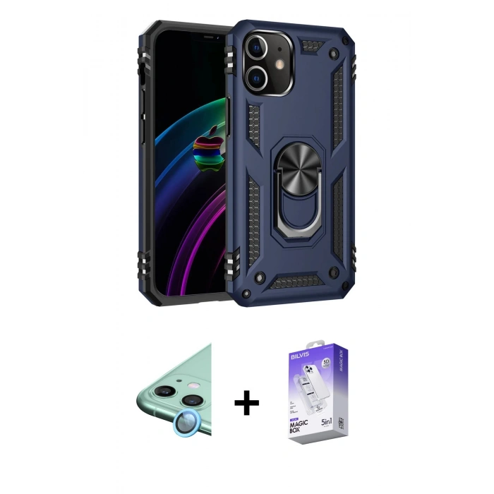 MARSİLYAN™- iPhone 12 Kılıf Ahenk Klasik Koleksiyonu - Siyah Bilvis 5in1 3D Magic Cam Ekran Koruyucu + Raze Metal Kamera Lens - MI