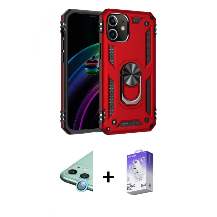 MARSİLYAN™- iPhone 12 Kılıf Ahenk Klasik Koleksiyonu - Siyah Bilvis 5in1 3D Magic Cam Ekran Koruyucu + Raze Metal Kamera Lens - MI