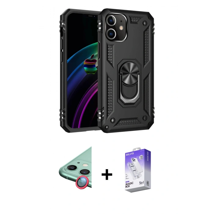 MARSİLYAN™- iPhone 12 Kılıf Ahenk Klasik Koleksiyonu - Siyah Bilvis 5in1 3D Magic Cam Ekran Koruyucu + Raze Metal Kamera Lens - KI