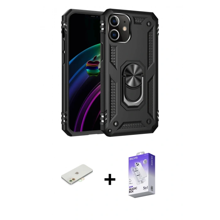 MARSİLYAN™- iPhone 12 Kılıf Ahenk Klasik Koleksiyonu - Siyah Bilvis 5in1 3D Magic Cam Ekran Koruyucu + Renkli Kamera Lens Koruma Cam - TU