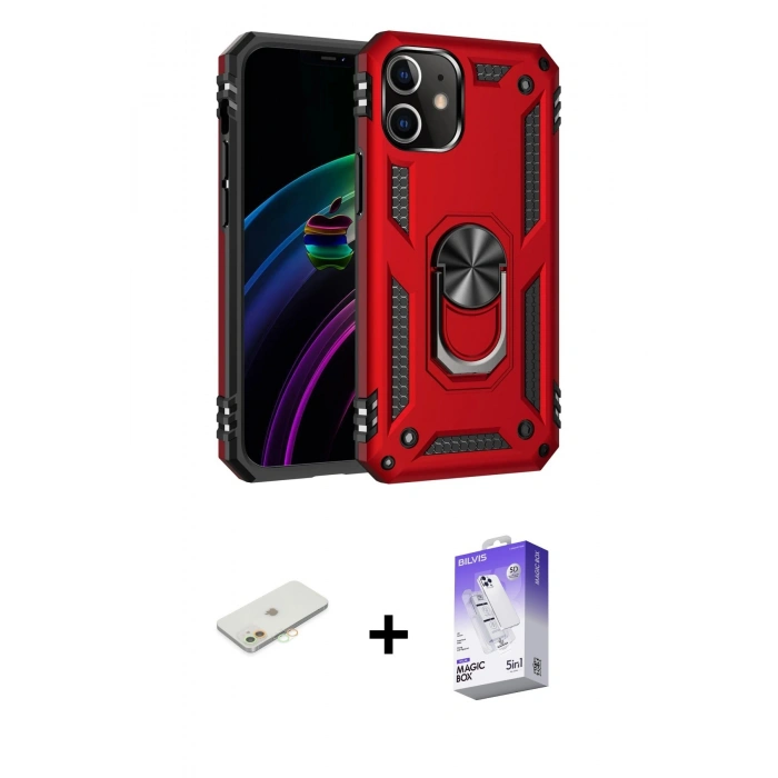 MARSİLYAN™- iPhone 12 Kılıf Ahenk Klasik Koleksiyonu - Siyah Bilvis 5in1 3D Magic Cam Ekran Koruyucu + Renkli Kamera Lens Koruma Cam - TU