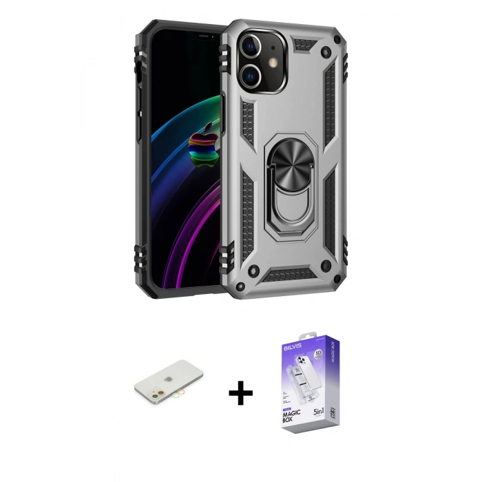 MARSİLYAN™- iPhone 12 Kılıf Ahenk Klasik Koleksiyonu - Siyah Bilvis 5in1 3D Magic Cam Ekran Koruyucu + Renkli Kamera Lens Koruma Cam - TU