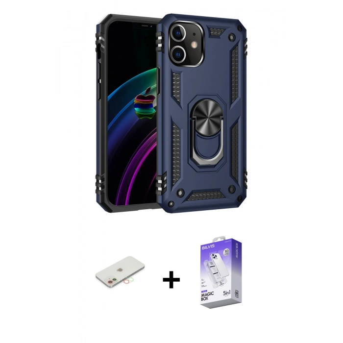 MARSİLYAN™- iPhone 12 Kılıf Ahenk Klasik Koleksiyonu - Siyah Bilvis 5in1 3D Magic Cam Ekran Koruyucu + Renkli Kamera Lens Koruma Cam - YL