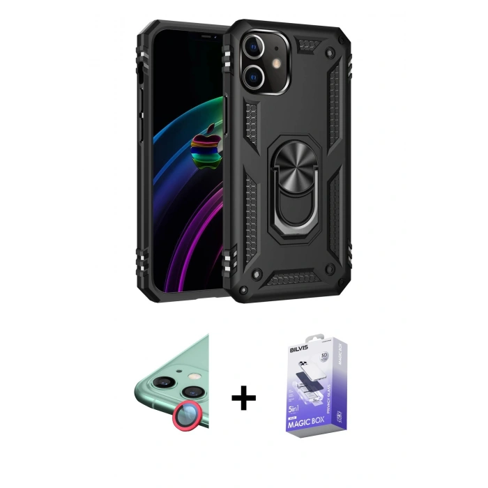MARSİLYAN™- iPhone 12 Kılıf Ahenk Klasik Koleksiyonu - Siyah Bilvis 5in1 5D Magic Hayalet Cam Ekran Koruyucu + Kırmızı Raze Metal Kamera Lens