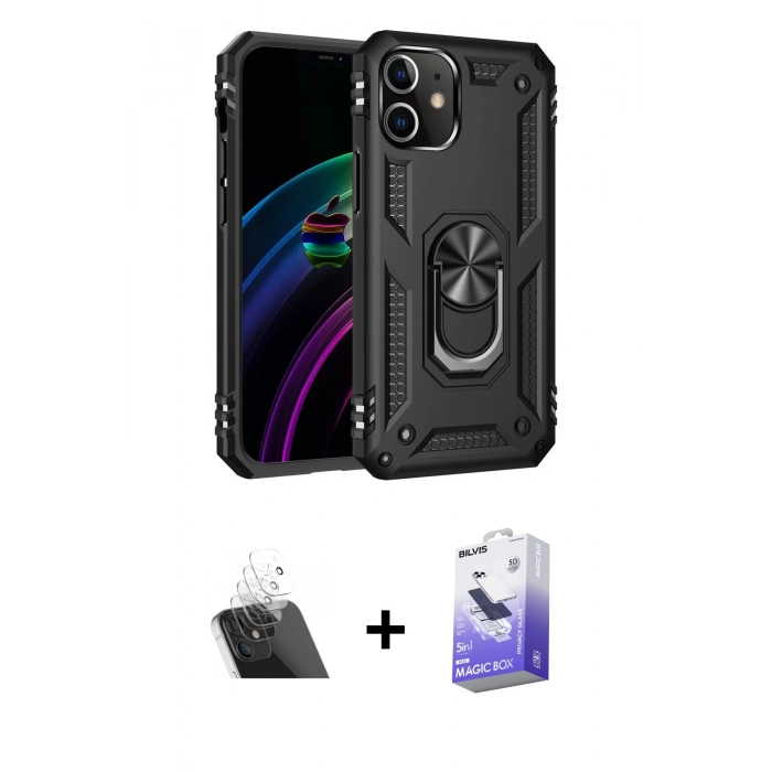 MARSİLYAN™- iPhone 12 Kılıf Ahenk Klasik Koleksiyonu - Siyah Bilvis 5in1 5D Magic Hayalet Cam Ekran Koruyucu + Şeffaf Kamera Lens Koruma Cam