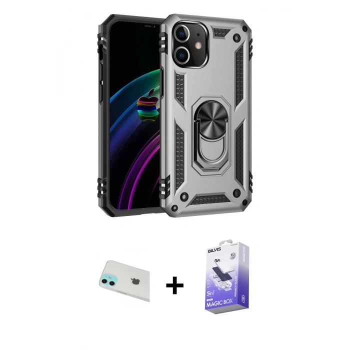 MARSİLYAN™- iPhone 12 Kılıf Ahenk Klasik Koleksiyonu - Siyah Bilvis 5in1 5D Magic Hayalet Cam Ekran Koruyucu + Rainbow Kamera Lens Koruma Cam - YL