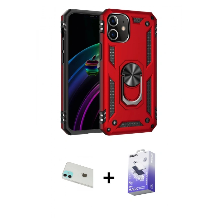 MARSİLYAN™- iPhone 12 Kılıf Ahenk Klasik Koleksiyonu - Siyah Bilvis 5in1 5D Magic Hayalet Cam Ekran Koruyucu + Rainbow Kamera Lens Koruma Cam - YL