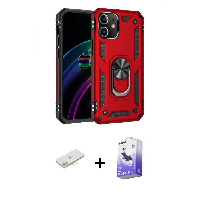 MARSİLYAN™- iPhone 12 Kılıf Ahenk Klasik Koleksiyonu - Siyah Bilvis 5in1 5D Magic Hayalet Cam Ekran Koruyucu + Renkli Kamera Lens Koruma Cam - YL