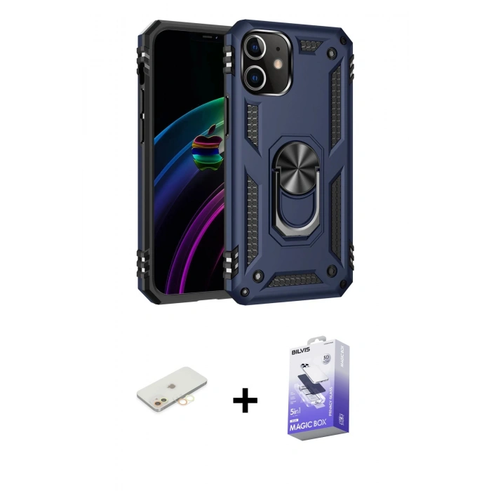 MARSİLYAN™- iPhone 12 Kılıf Ahenk Klasik Koleksiyonu - Siyah Bilvis 5in1 5D Magic Hayalet Cam Ekran Koruyucu + Sarı Renkli Kamera Lens Koruma Cam