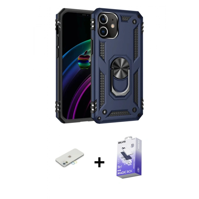 MARSİLYAN™- iPhone 12 Kılıf Ahenk Klasik Koleksiyonu - Siyah Bilvis 5in1 5D Magic Hayalet Cam Ekran Koruyucu + Sarı Renkli Kamera Lens Koruma Cam
