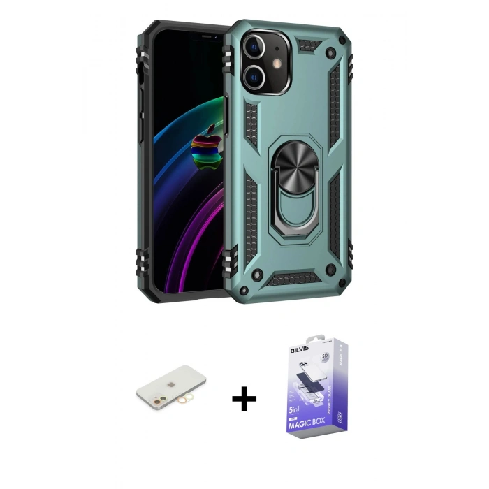MARSİLYAN™- iPhone 12 Kılıf Ahenk Klasik Koleksiyonu - Siyah Bilvis 5in1 5D Magic Hayalet Cam Ekran Koruyucu + Sarı Renkli Kamera Lens Koruma Cam