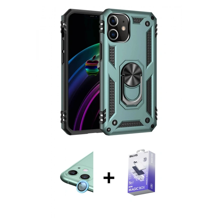 MARSİLYAN™- iPhone 12 Kılıf Ahenk Klasik Koleksiyonu - Siyah Bilvis 5in1 5D Magic Hayalet Cam Ekran Koruyucu + Raze Metal Kamera Lens - MI