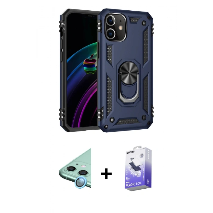 MARSİLYAN™- iPhone 12 Kılıf Ahenk Klasik Koleksiyonu - Siyah Bilvis 5in1 5D Magic Hayalet Cam Ekran Koruyucu + Raze Metal Kamera Lens - MI