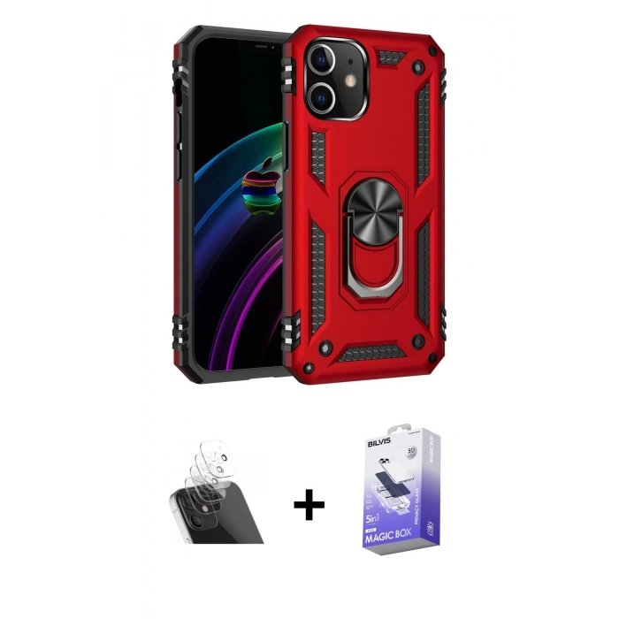 MARSİLYAN™- iPhone 12 Kılıf Ahenk Klasik Koleksiyonu - Siyah Bilvis 5in1 5D Magic Hayalet Cam Ekran Koruyucu + Şeffaf Kamera Lens Koruma Cam