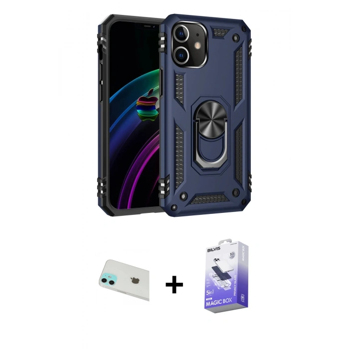 MARSİLYAN™- iPhone 12 Kılıf Ahenk Klasik Koleksiyonu - Siyah Bilvis 5in1 5D Magic Hayalet Cam Ekran Koruyucu + Rainbow Kamera Lens Koruma Cam - YL