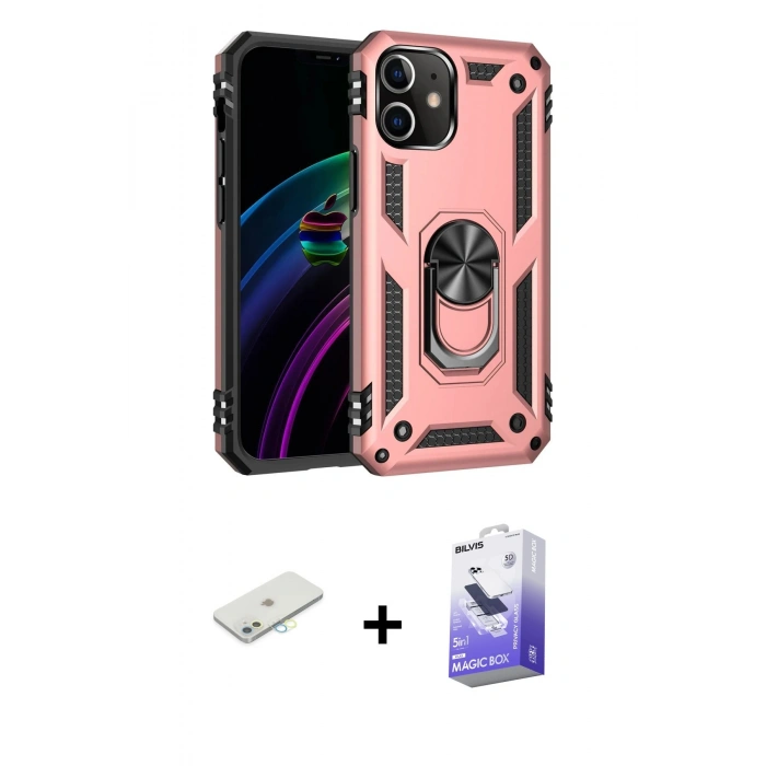 MARSİLYAN™- iPhone 12 Kılıf Ahenk Klasik Koleksiyonu - Siyah Bilvis 5in1 5D Magic Hayalet Cam Ekran Koruyucu + Sarı Renkli Kamera Lens Koruma Cam