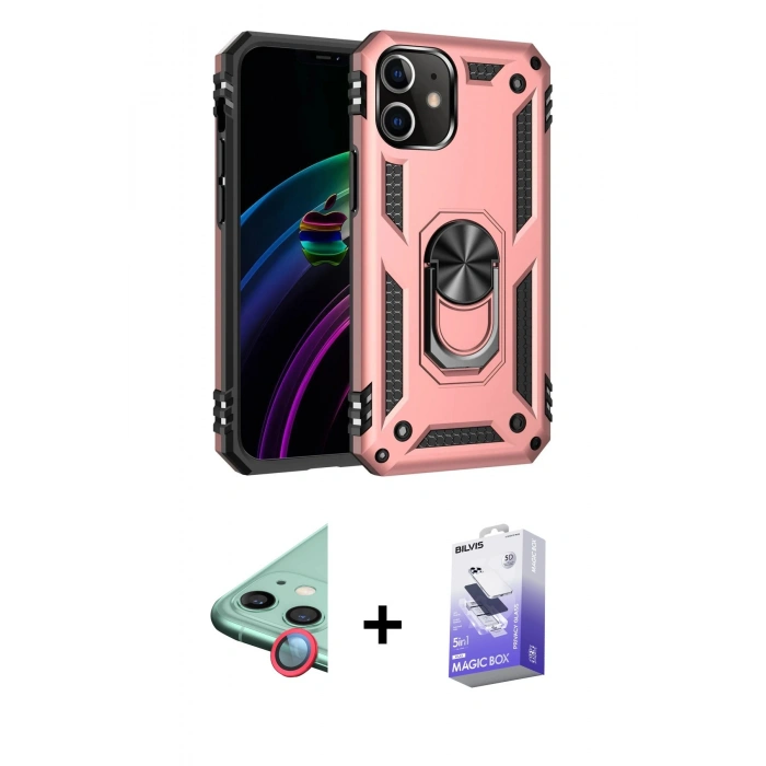 MARSİLYAN™- iPhone 12 Kılıf Ahenk Klasik Koleksiyonu - Siyah Bilvis 5in1 5D Magic Hayalet Cam Ekran Koruyucu + Kırmızı Raze Metal Kamera Lens