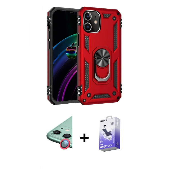 MARSİLYAN™- iPhone 12 Kılıf Ahenk Klasik Koleksiyonu - Siyah Bilvis 5in1 5D Magic Hayalet Cam Ekran Koruyucu + Kırmızı Raze Metal Kamera Lens