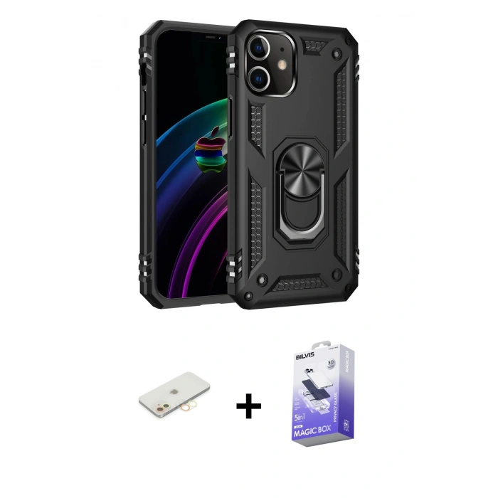 MARSİLYAN™- iPhone 12 Kılıf Ahenk Klasik Koleksiyonu - Siyah Bilvis 5in1 5D Magic Hayalet Cam Ekran Koruyucu + Sarı Renkli Kamera Lens Koruma Cam