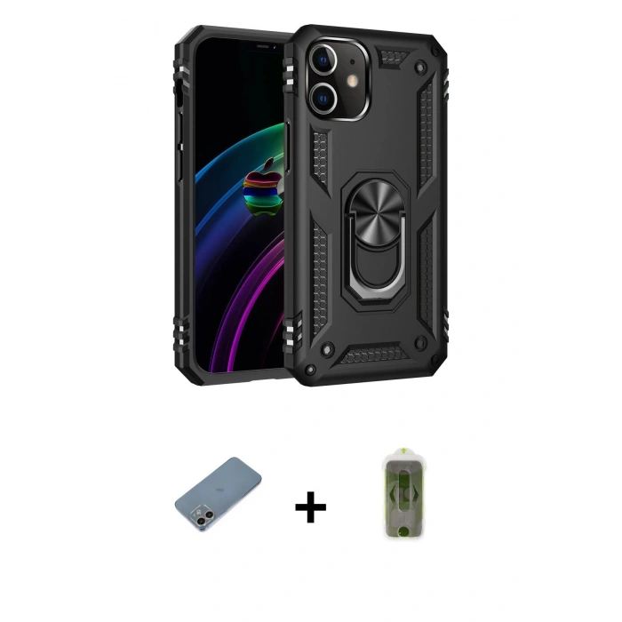 MARSİLYAN™- iPhone 12 Kılıf Ahenk Klasik Koleksiyonu - Siyah Joko Magic 5D Hayalet Cam + Shine Kamera Lens Koruma Cam - GI