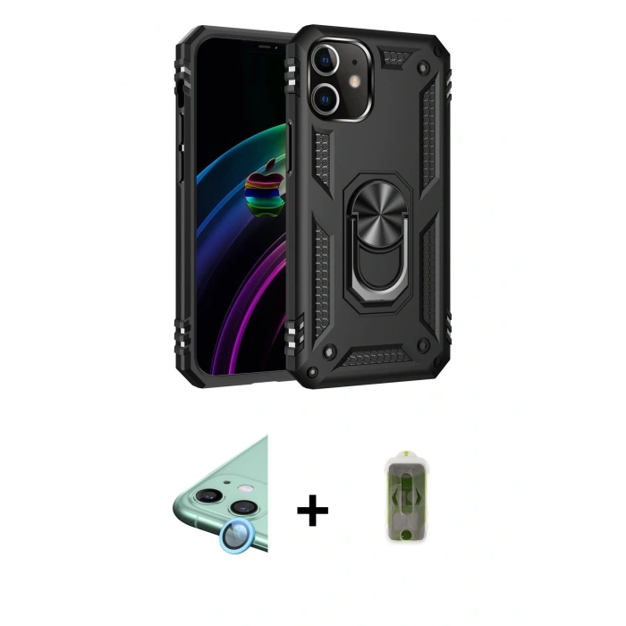 MARSİLYAN™- iPhone 12 Kılıf Ahenk Klasik Koleksiyonu - Siyah Joko Magic 5D Hayalet Cam + Raze Metal Kamera Lens - MI