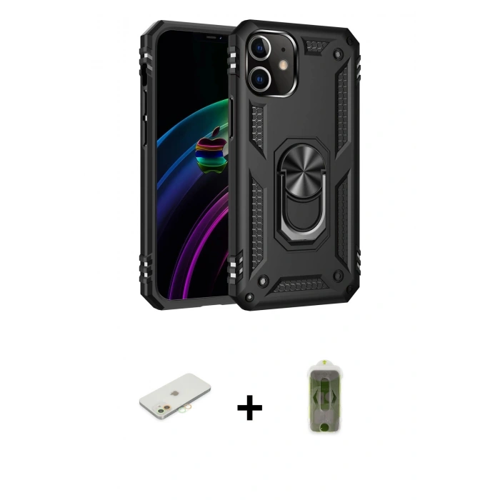 MARSİLYAN™- iPhone 12 Kılıf Ahenk Klasik Koleksiyonu - Siyah Joko Magic 5D Hayalet Cam + Renkli Kamera Lens Koruma Cam - TU