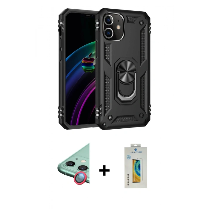 MARSİLYAN™- iPhone 12 Kılıf Ahenk Klasik Koleksiyonu - Siyah Polymer Nano Ekran Koruyucu + Raze Metal Kamera Lens - KI