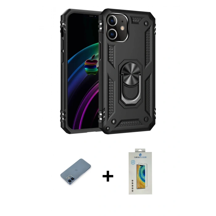 MARSİLYAN™- iPhone 12 Kılıf Ahenk Klasik Koleksiyonu - Siyah Polymer Nano Ekran Koruyucu + Metal Kamera Lens Koruma Cam - MI