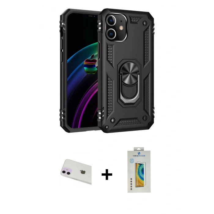 MARSİLYAN™- iPhone 12 Kılıf Ahenk Klasik Koleksiyonu - Siyah Polymer Nano Ekran Koruyucu + Rainbow Kamera Lens Koruma Cam - MR