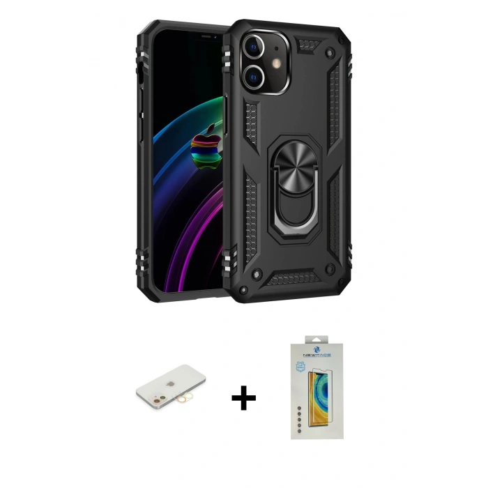 MARSİLYAN™- iPhone 12 Kılıf Ahenk Klasik Koleksiyonu - Siyah Polymer Nano Ekran Koruyucu + Renkli Kamera Lens Koruma Cam - SI